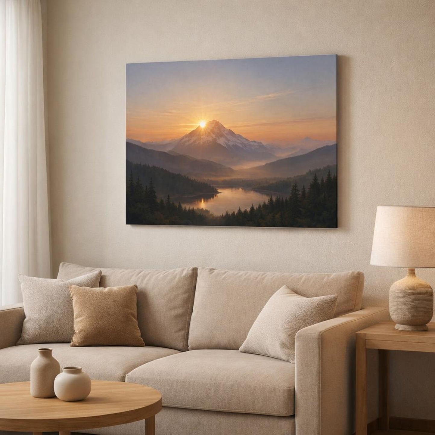 Landscape Mountain Sunrise shown as canvas wall art in a modern living room