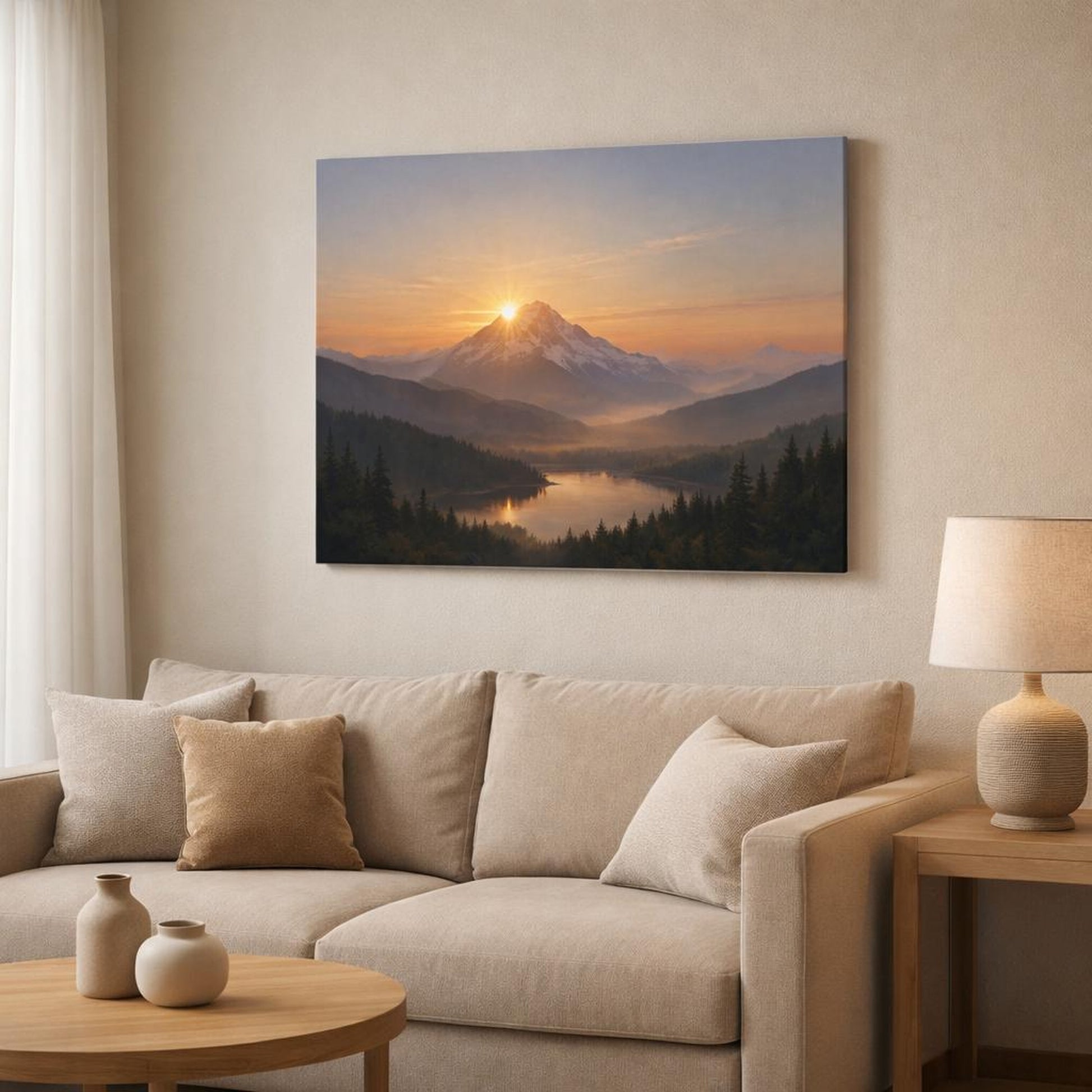 Landscape Mountain Sunrise shown as canvas wall art in a modern living room