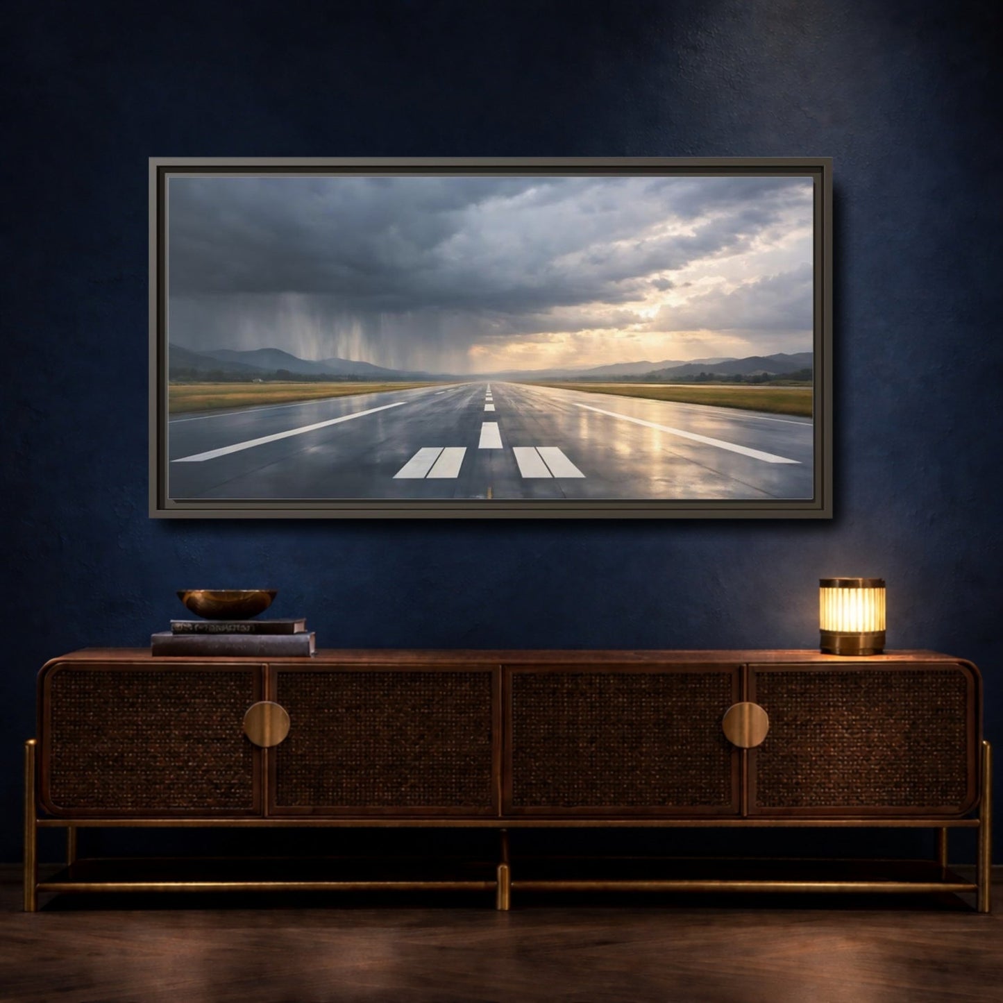 Landscape Nature Airport Runway Stormy Sky - Framed Canvas Wall Art Print - YesArtYes