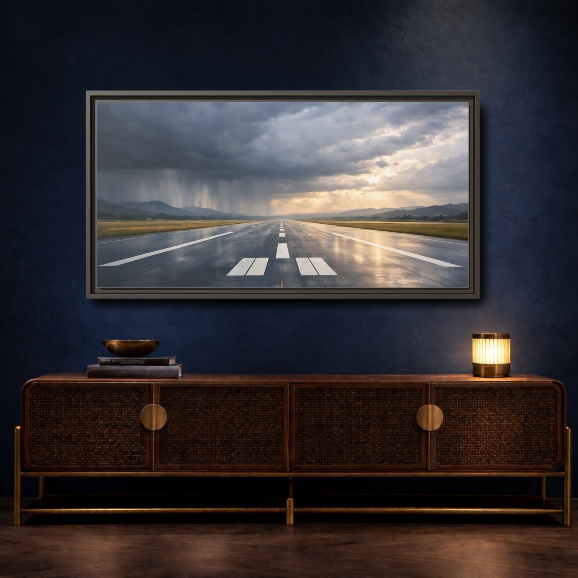 Landscape Nature Airport Runway Stormy Sky - Framed Canvas Wall Art Print - YesArtYes