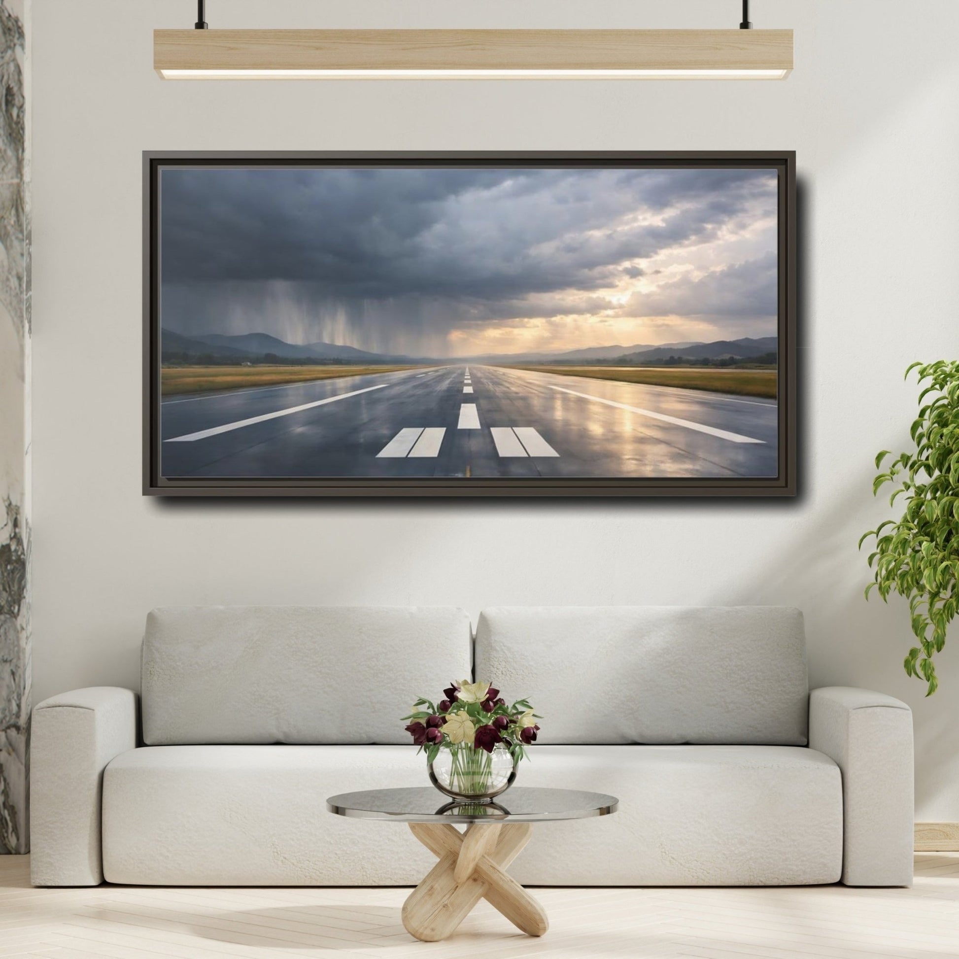 Landscape Nature Airport Runway Stormy Sky - Framed Canvas Wall Art Print - YesArtYes