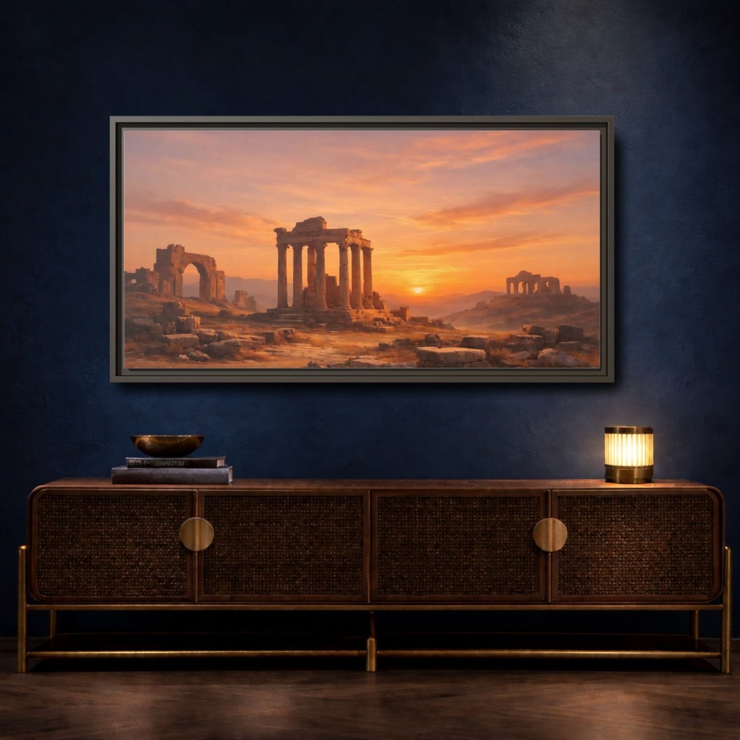 Landscape Nature Ancient Ruins Orange Sunset - Framed Canvas Wall Art Print - YesArtYes