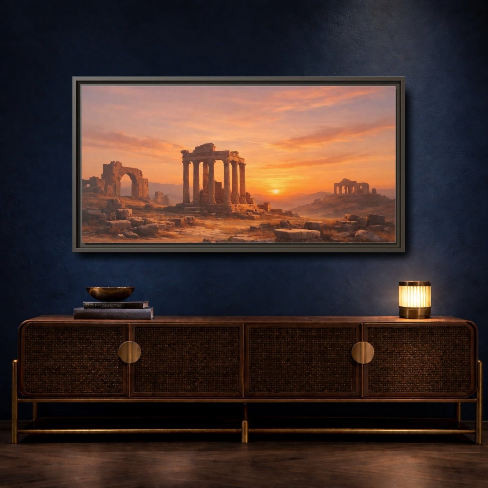 Landscape Nature Ancient Ruins Orange Sunset - Framed Canvas Wall Art Print - YesArtYes