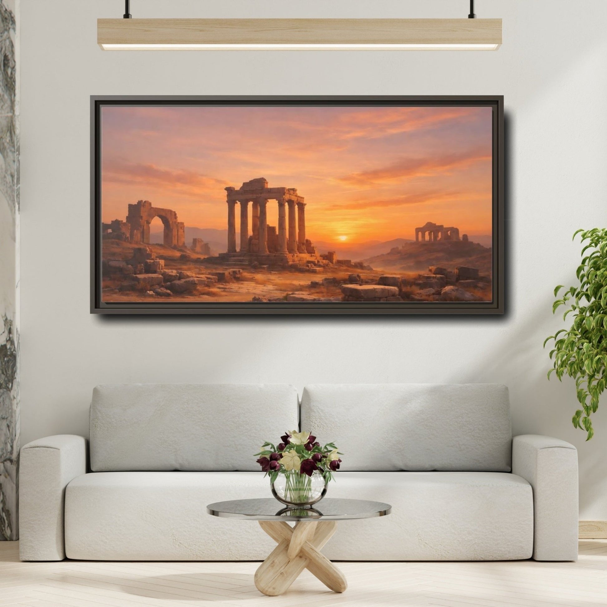 Landscape Nature Ancient Ruins Orange Sunset - Framed Canvas Wall Art Print - YesArtYes