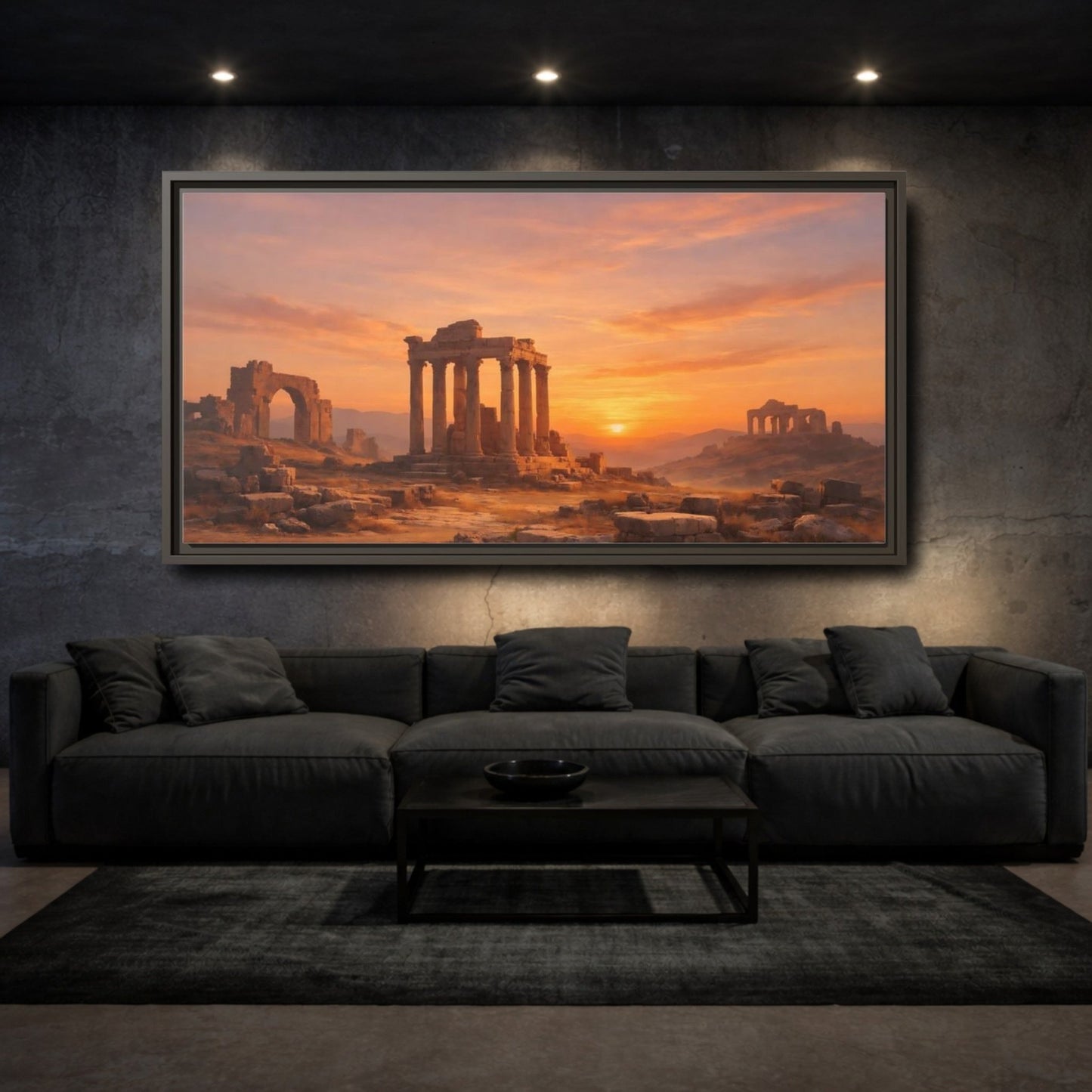 Landscape Nature Ancient Ruins Orange Sunset - Framed Canvas Wall Art Print - YesArtYes