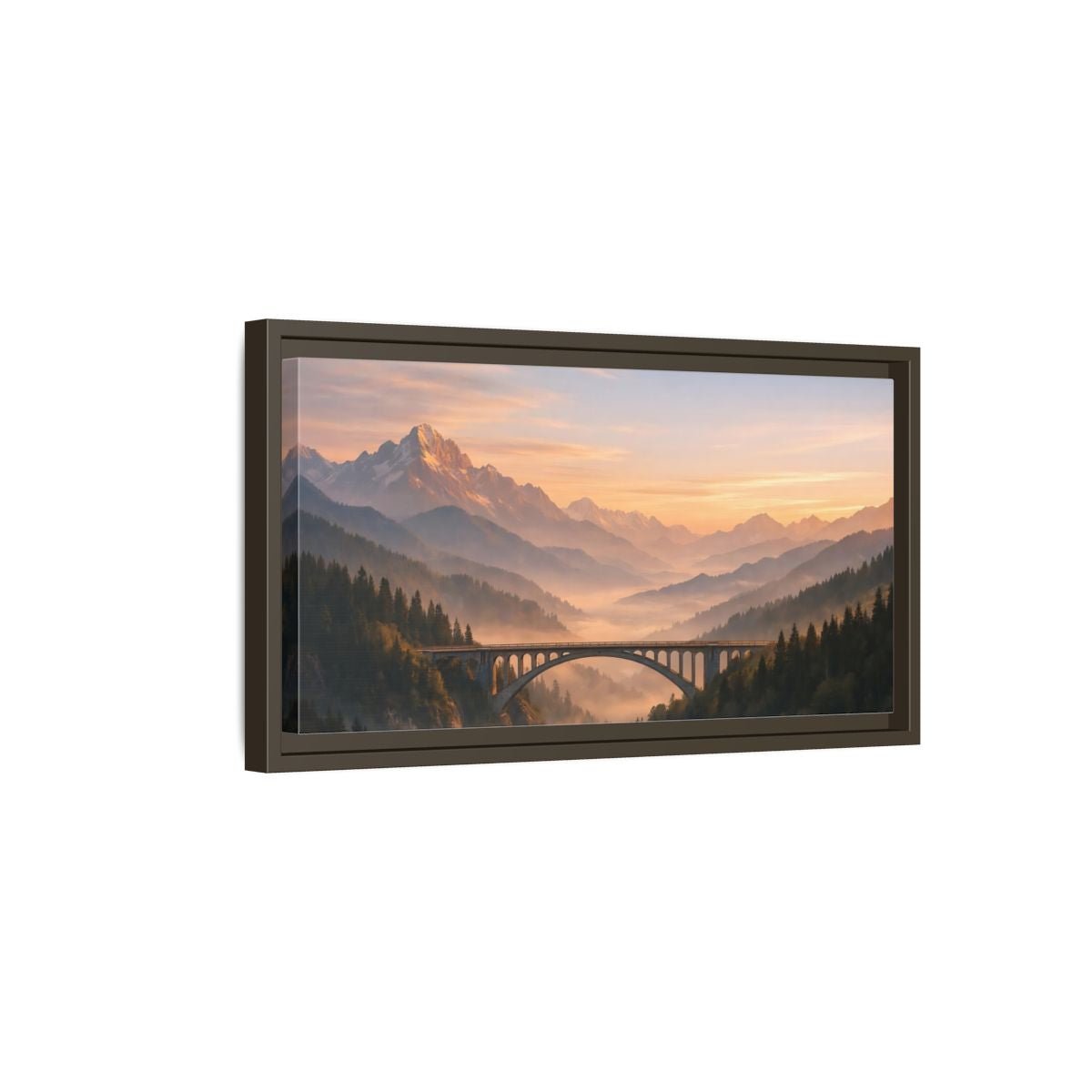 Landscape Nature Arched Bridge Mountain Fog - Framed Canvas Wall Art Print - YesArtYes