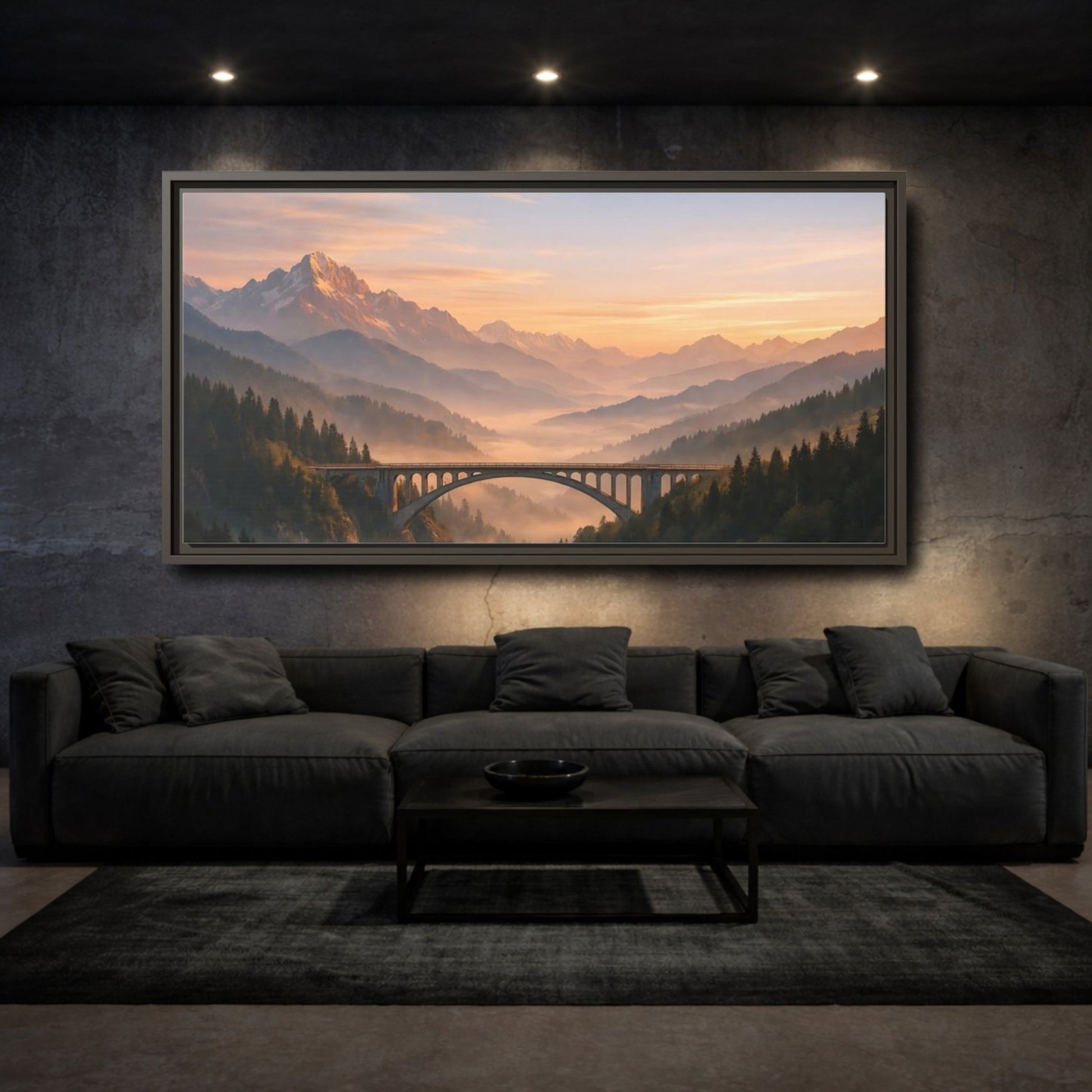 Landscape Nature Arched Bridge Mountain Fog - Framed Canvas Wall Art Print - YesArtYes