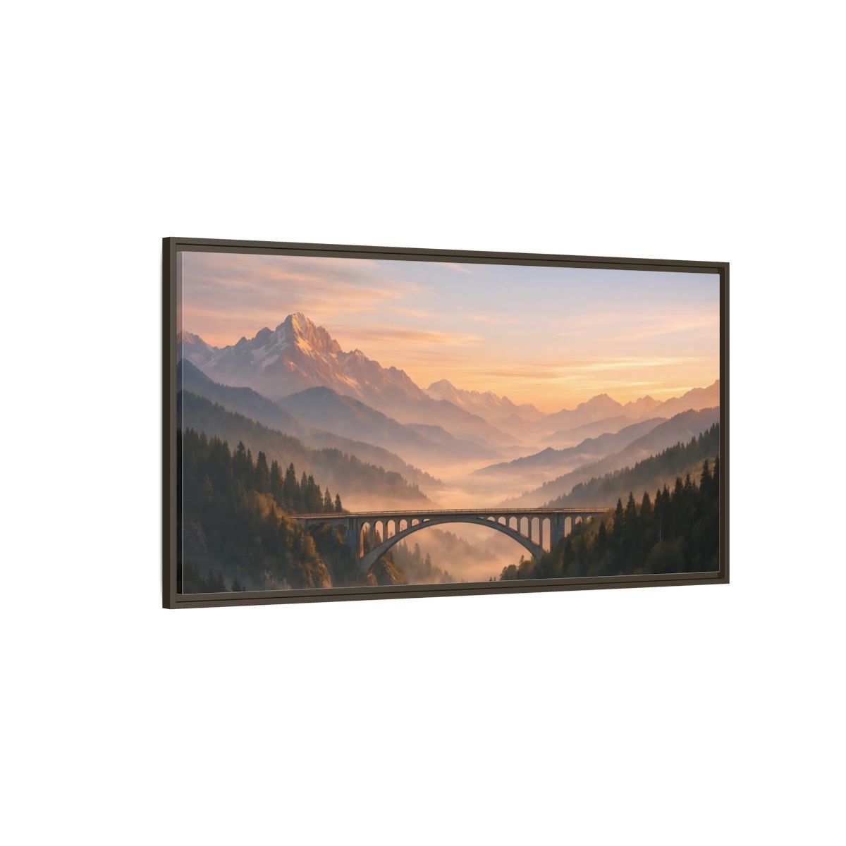 Landscape Nature Arched Bridge Mountain Fog - Framed Canvas Wall Art Print - YesArtYes