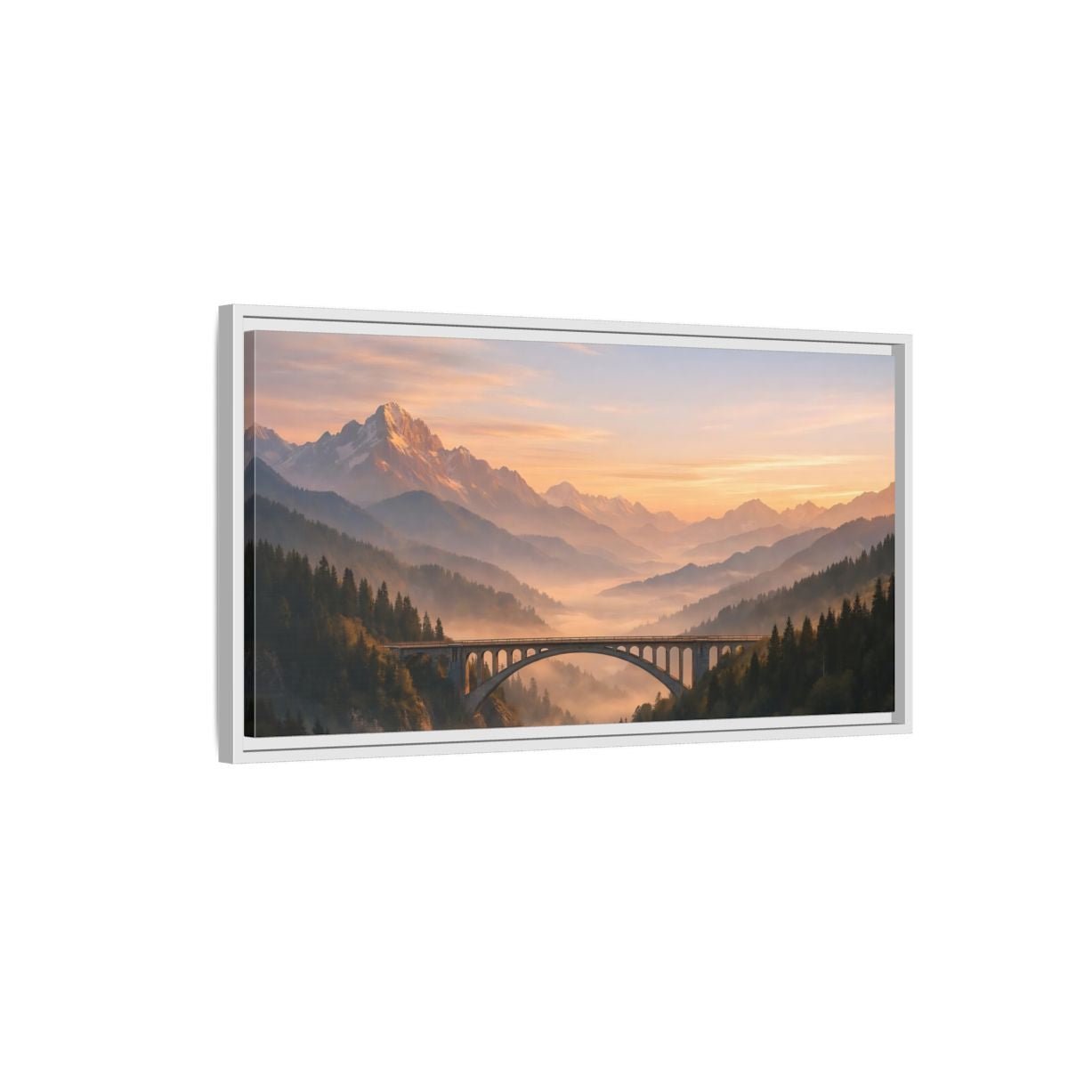 Landscape Nature Arched Bridge Mountain Fog - Framed Canvas Wall Art Print - YesArtYes