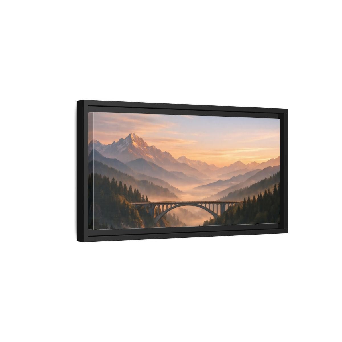 Landscape Nature Arched Bridge Mountain Fog - Framed Canvas Wall Art Print - YesArtYes