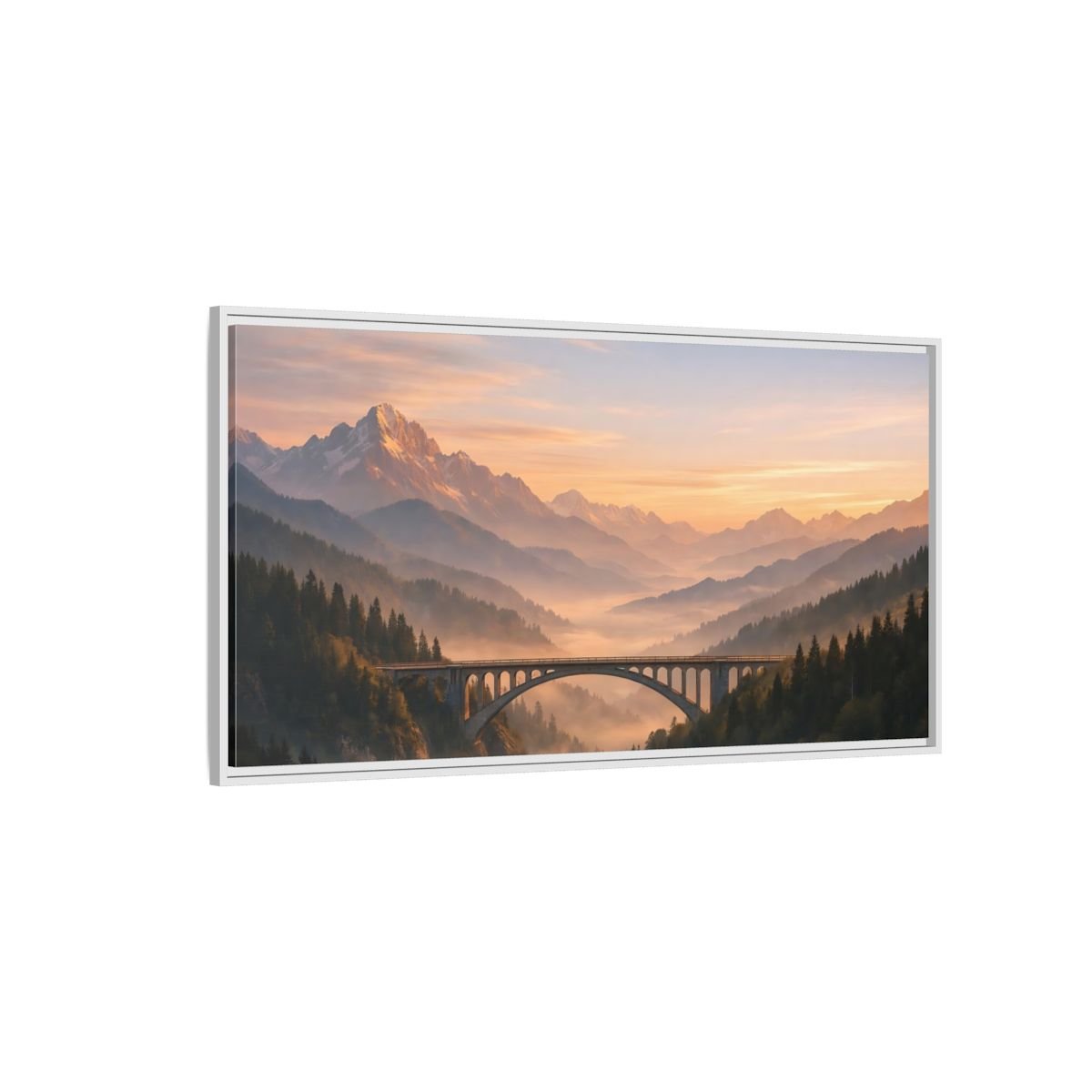 Landscape Nature Arched Bridge Mountain Fog - Framed Canvas Wall Art Print - YesArtYes