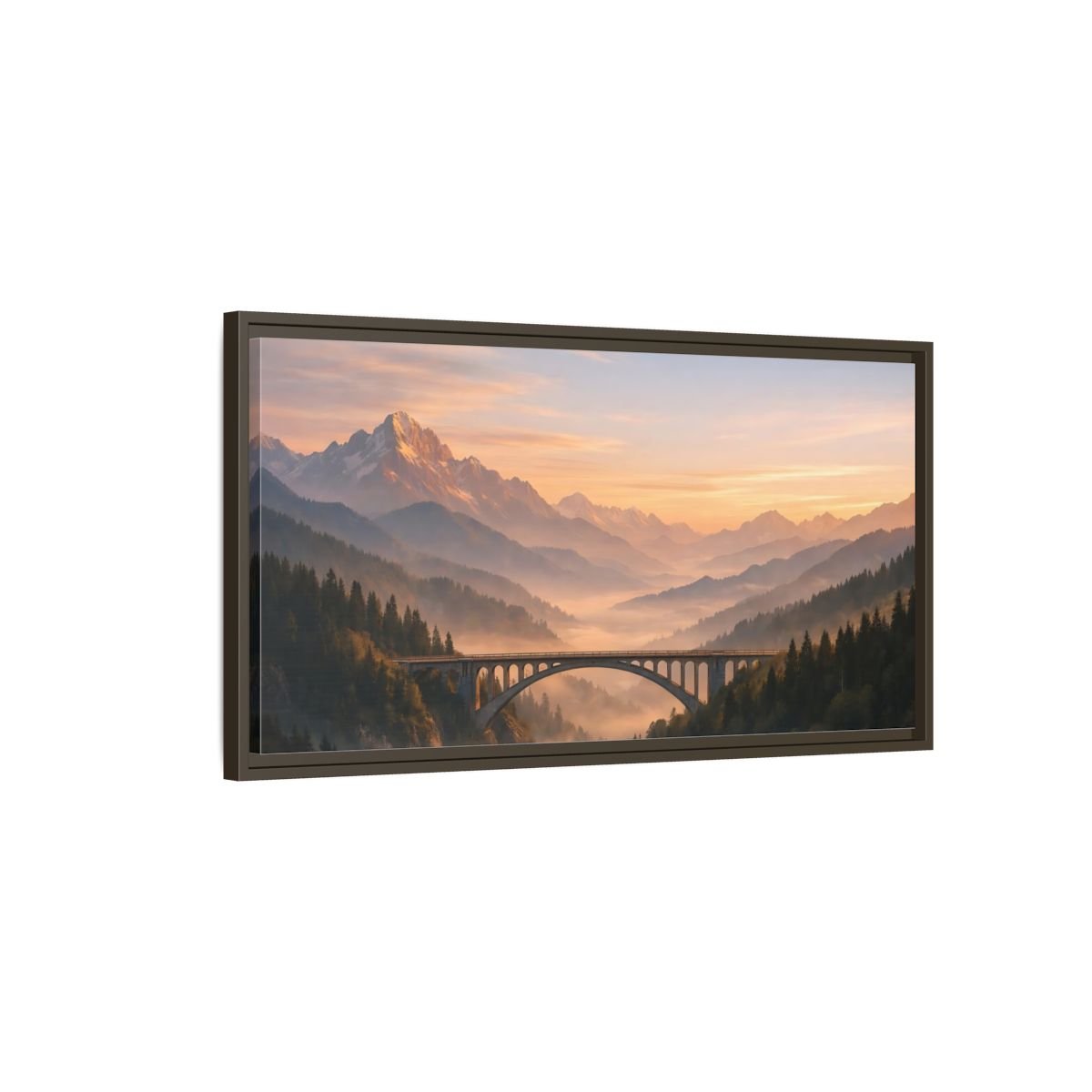 Landscape Nature Arched Bridge Mountain Fog - Framed Canvas Wall Art Print - YesArtYes