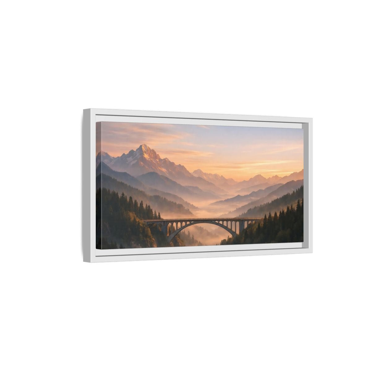 Landscape Nature Arched Bridge Mountain Fog - Framed Canvas Wall Art Print - YesArtYes