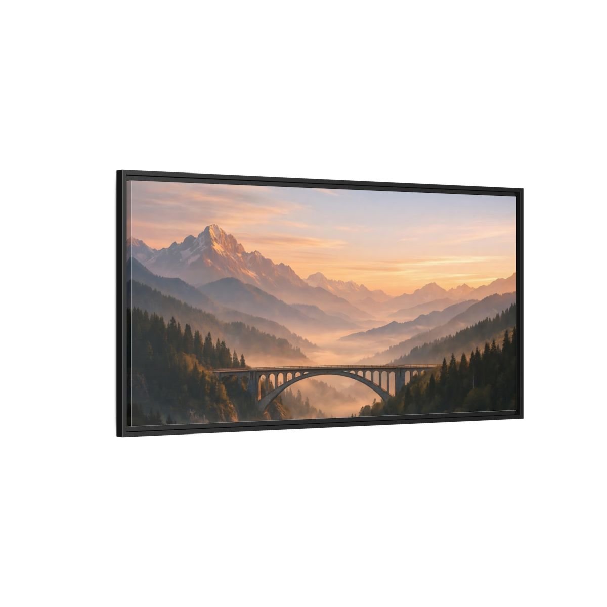 Landscape Nature Arched Bridge Mountain Fog - Framed Canvas Wall Art Print - YesArtYes