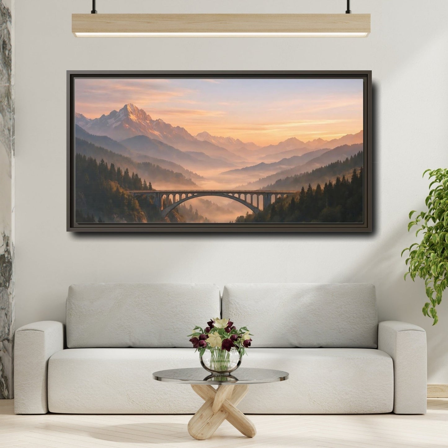 Landscape Nature Arched Bridge Mountain Fog - Framed Canvas Wall Art Print - YesArtYes