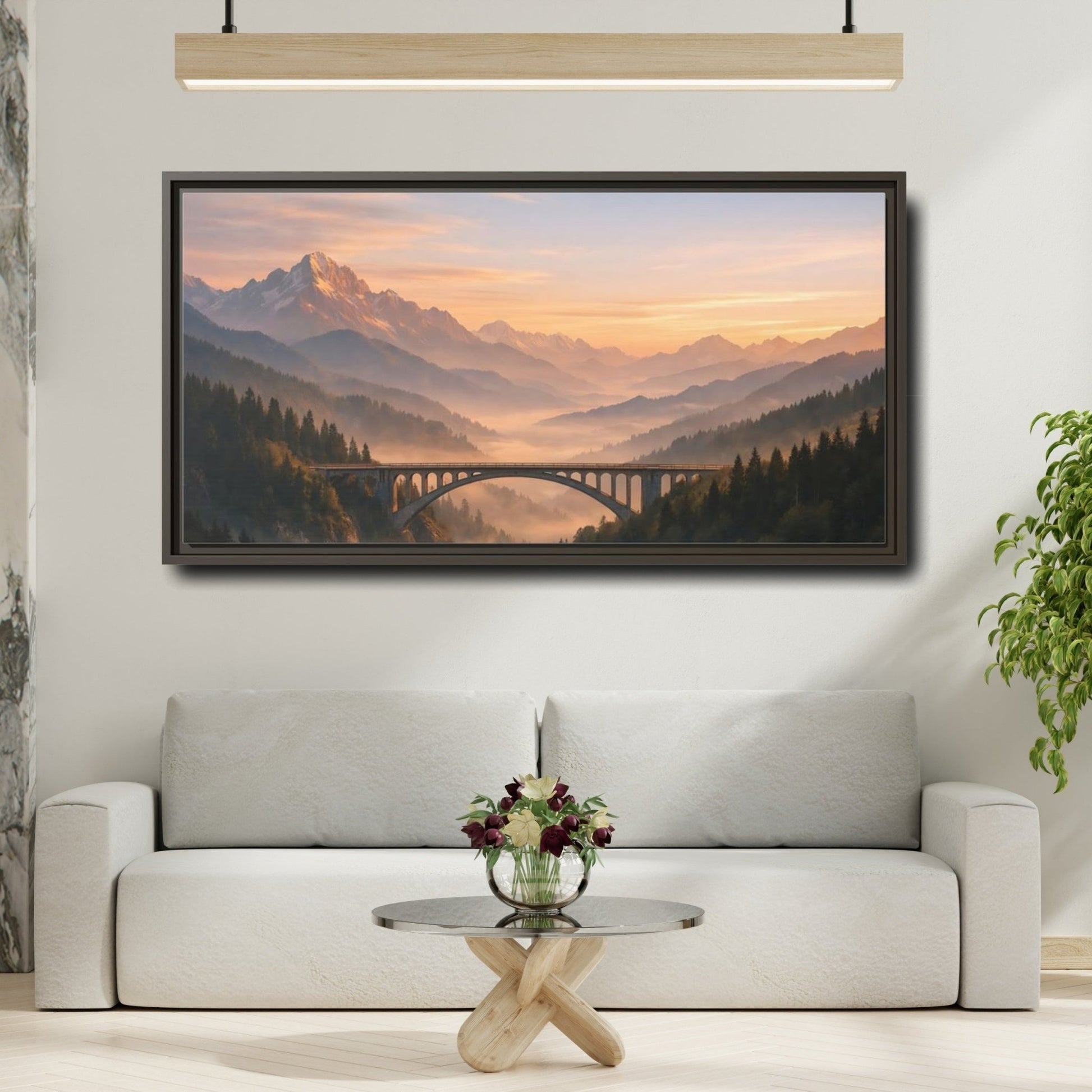 Landscape Nature Arched Bridge Mountain Fog - Framed Canvas Wall Art Print - YesArtYes
