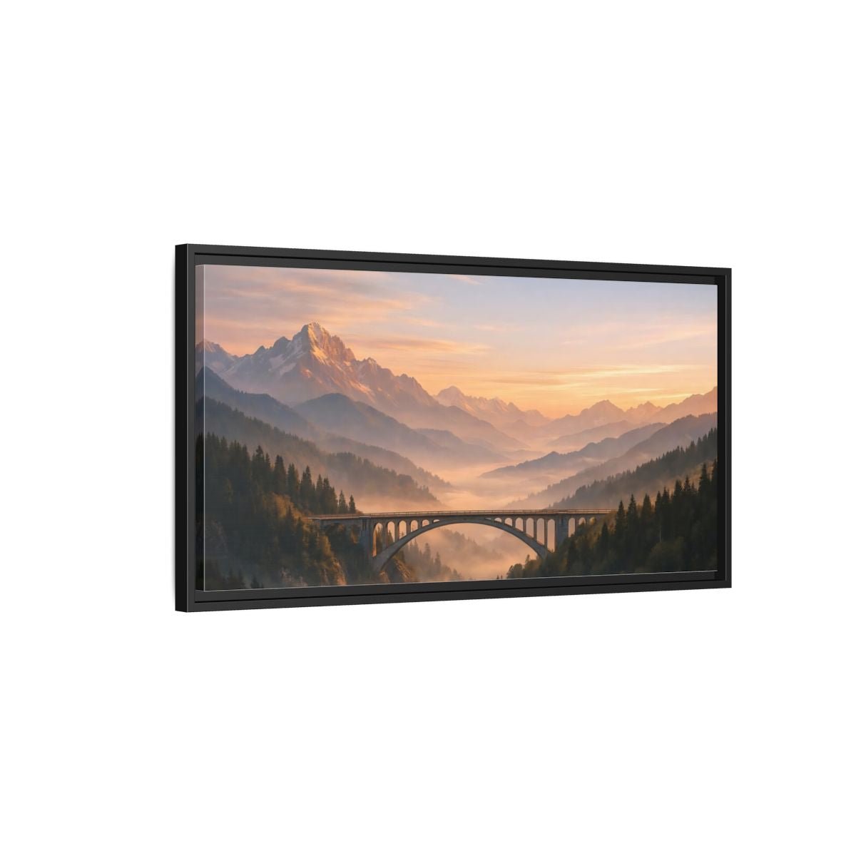 Landscape Nature Arched Bridge Mountain Fog - Framed Canvas Wall Art Print - YesArtYes
