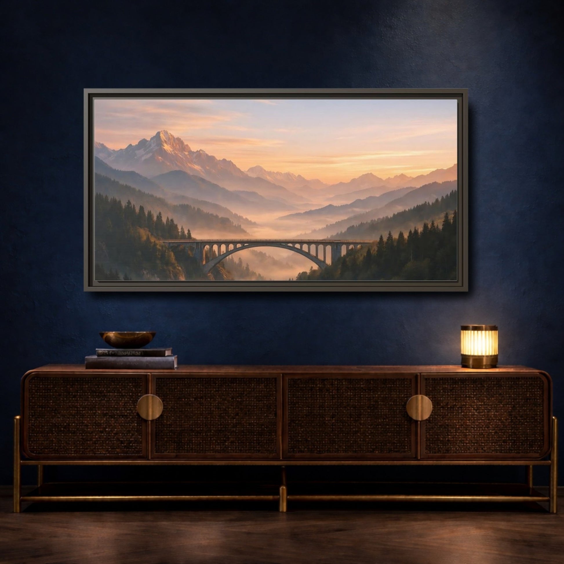 Landscape Nature Arched Bridge Mountain Fog - Framed Canvas Wall Art Print - YesArtYes