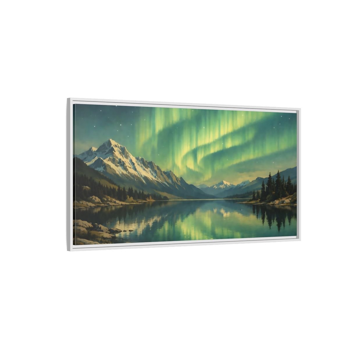 Landscape Nature Aurora Borealis Green - Framed Canvas Wall Art Print - YesArtYes