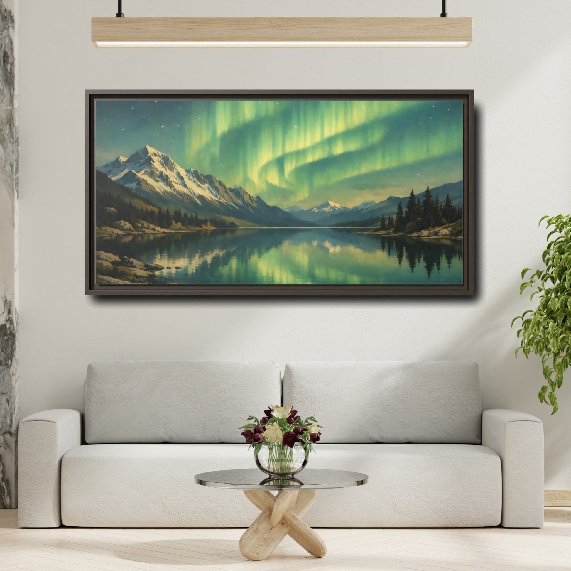 Landscape Nature Aurora Borealis Green - Framed Canvas Wall Art Print - YesArtYes