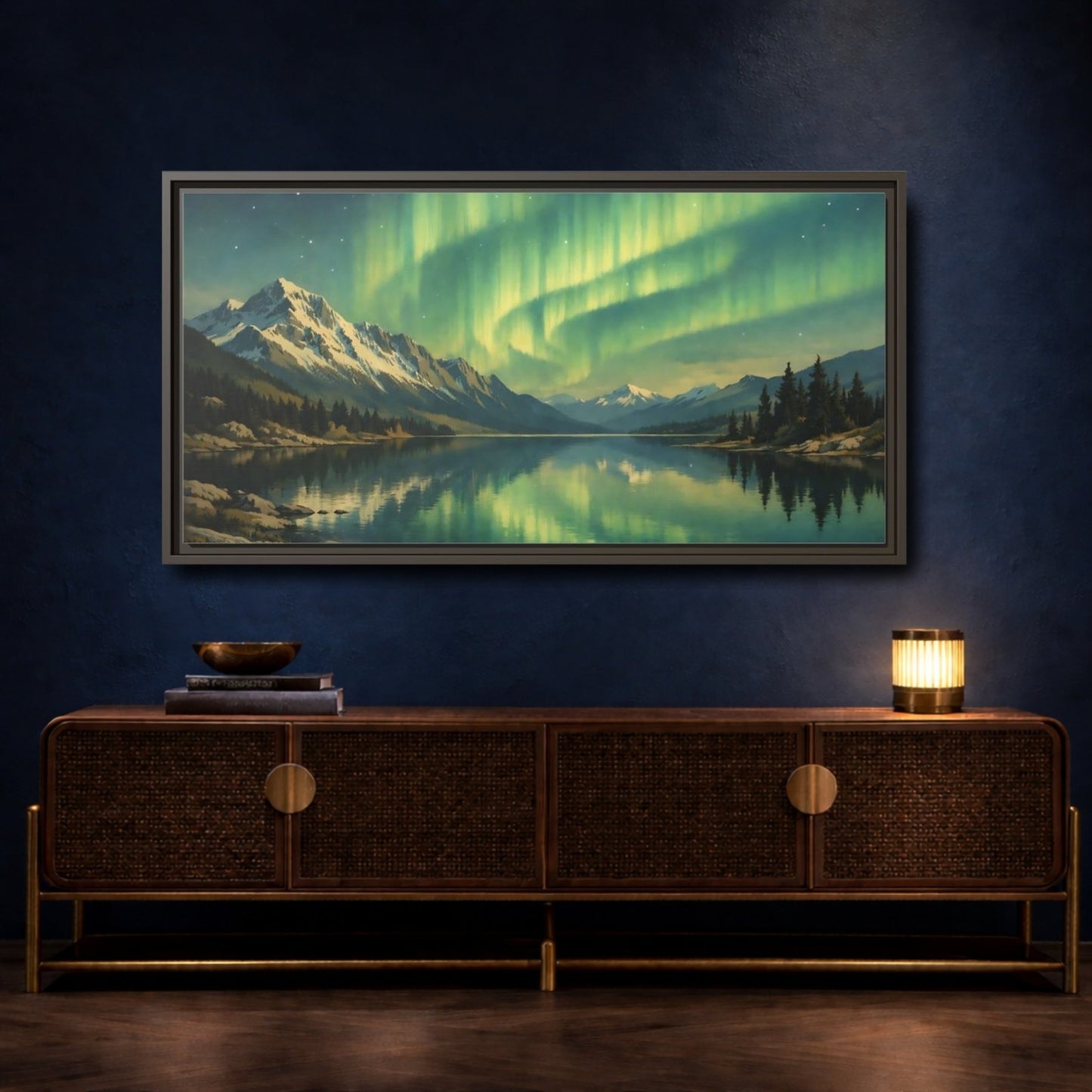 Landscape Nature Aurora Borealis Green - Framed Canvas Wall Art Print - YesArtYes