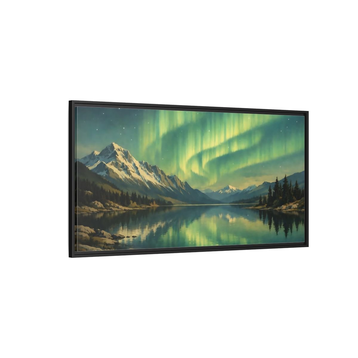 Landscape Nature Aurora Borealis Green - Framed Canvas Wall Art Print - YesArtYes