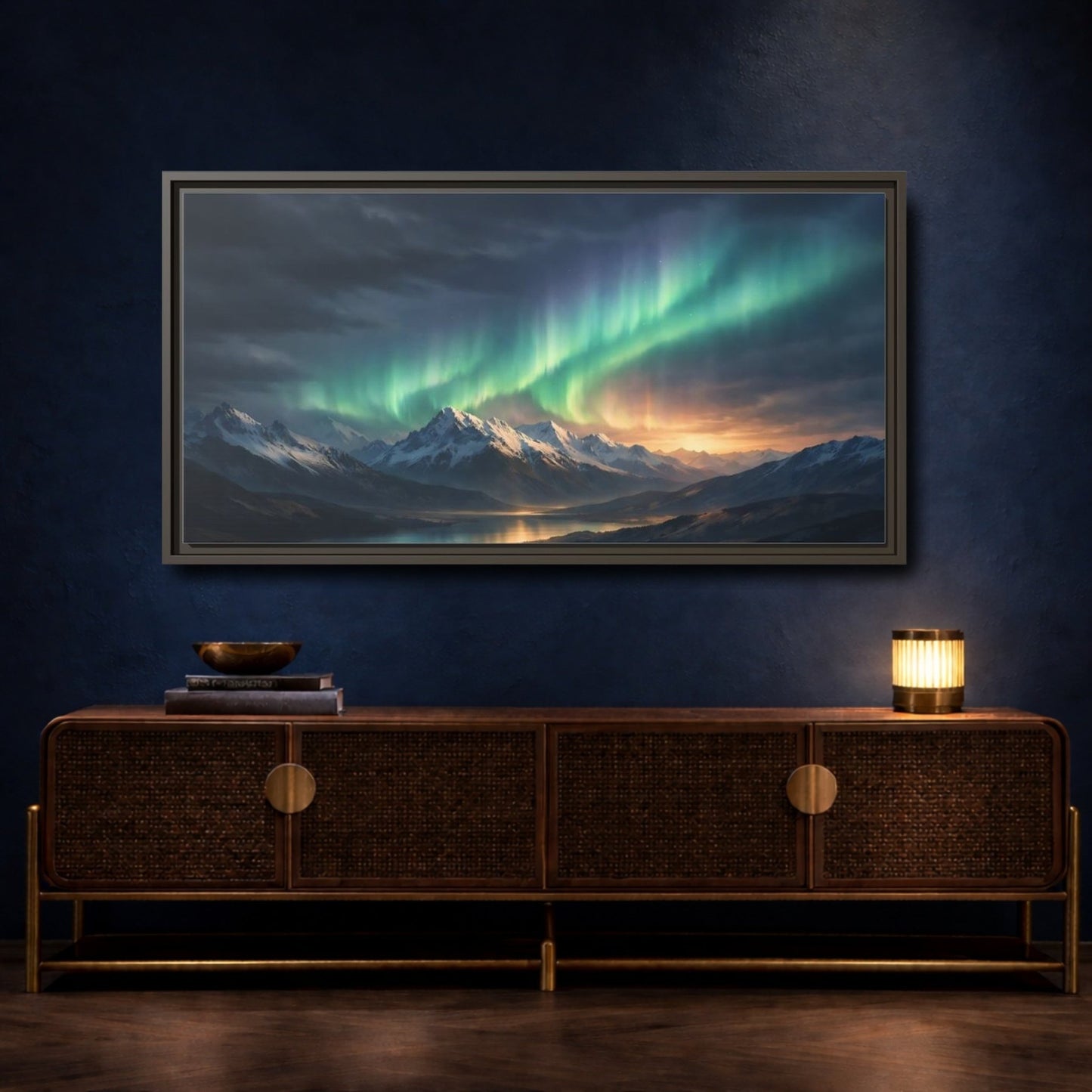 Landscape Nature Aurora Borealis Green Mountain - Framed Canvas Wall Art Print - YesArtYes