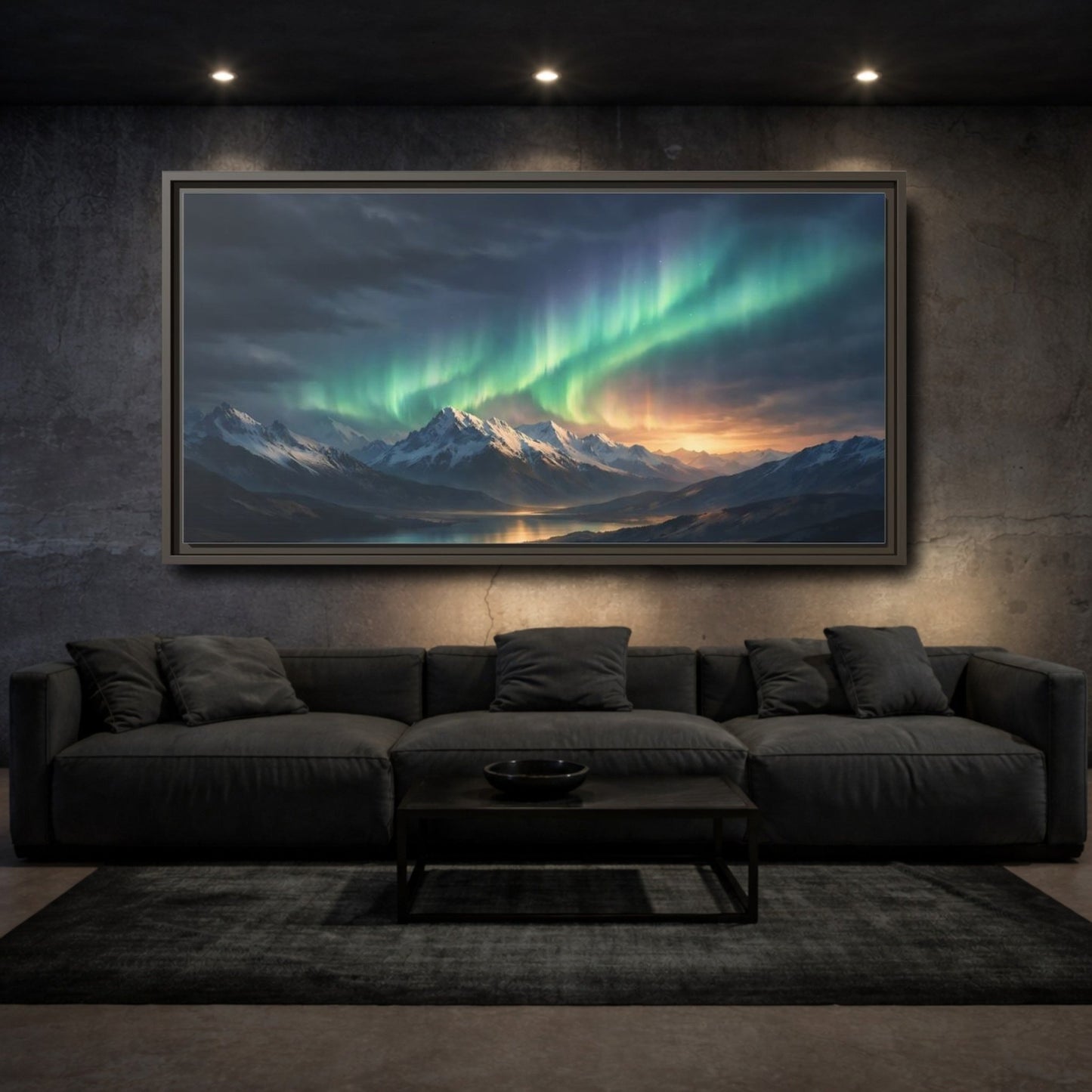 Landscape Nature Aurora Borealis Green Mountain - Framed Canvas Wall Art Print - YesArtYes