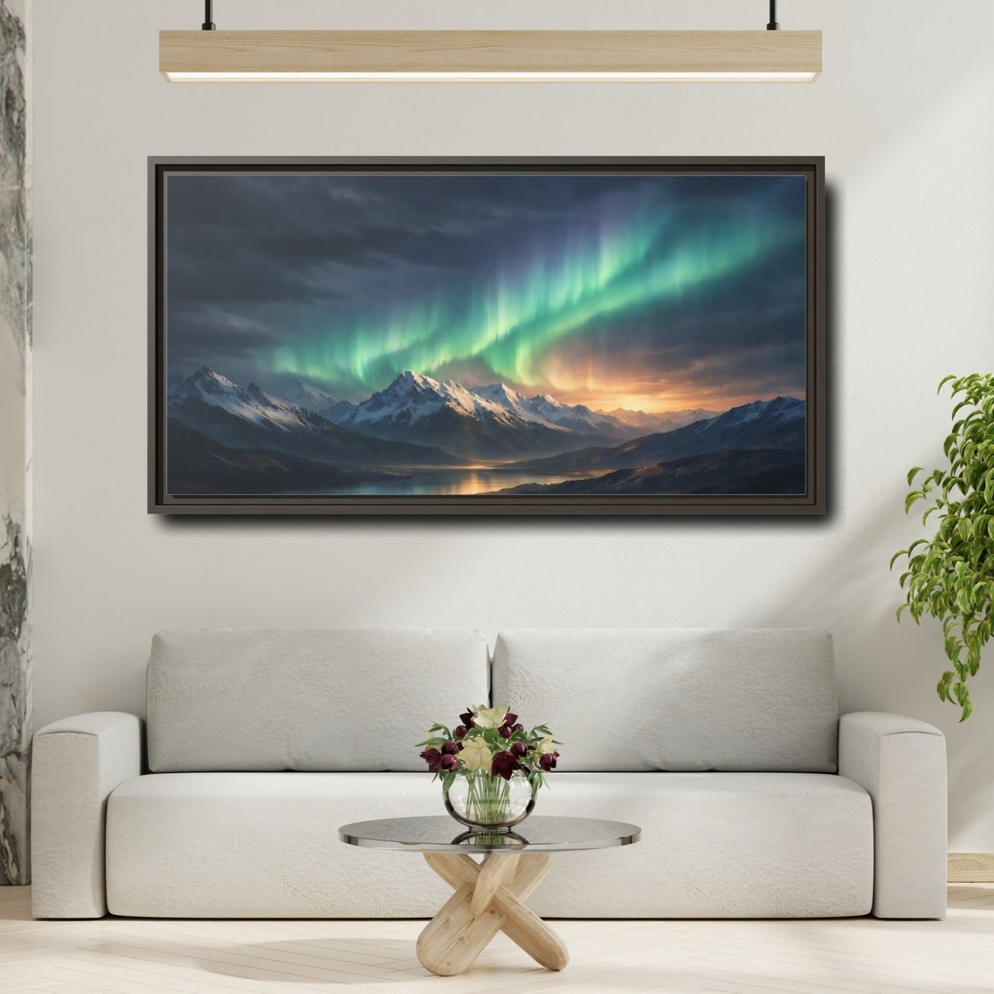 Landscape Nature Aurora Borealis Green Mountain - Framed Canvas Wall Art Print - YesArtYes