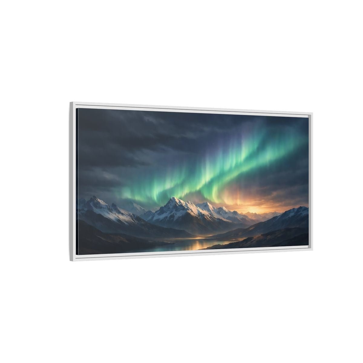 Landscape Nature Aurora Borealis Green Mountain - Framed Canvas Wall Art Print - YesArtYes