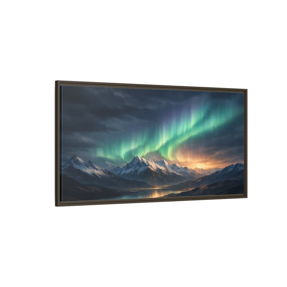 Landscape Nature Aurora Borealis Green Mountain - Framed Canvas Wall Art Print - YesArtYes