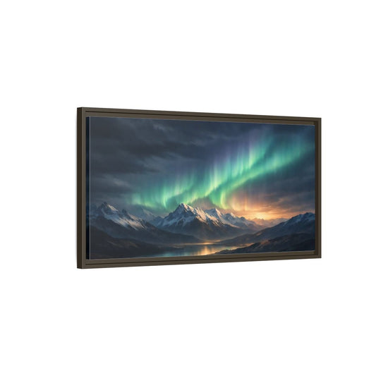 Landscape Nature Aurora Borealis Green Mountain - Framed Canvas Wall Art Print - YesArtYes