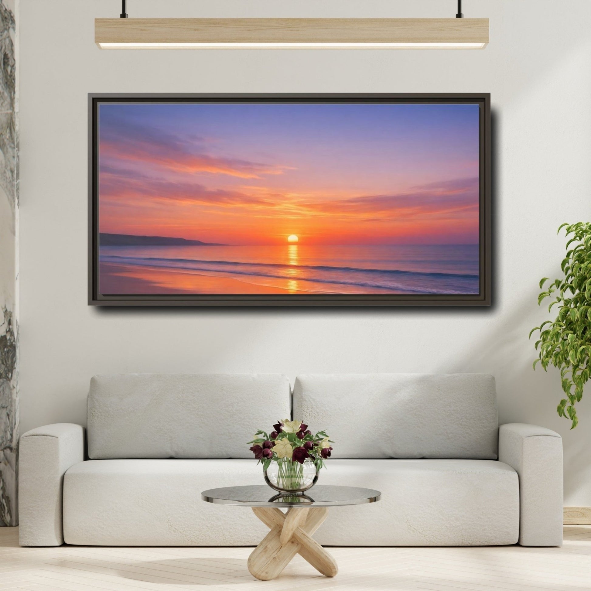 Landscape Nature Beach Sunset Orange Blue - Framed Canvas Wall Art Print - YesArtYes