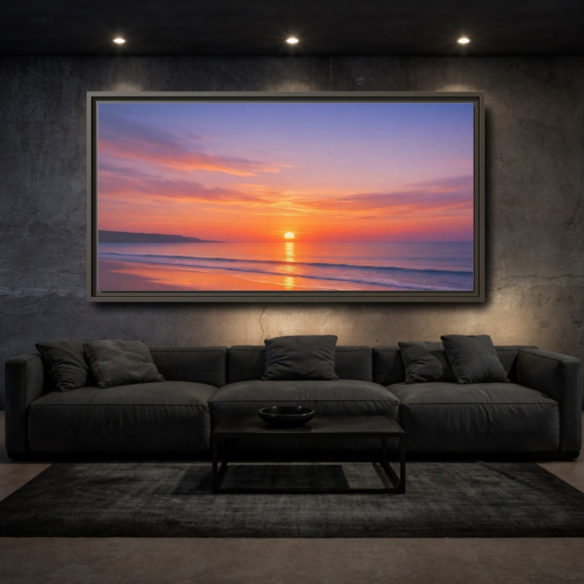Landscape Nature Beach Sunset Orange Blue - Framed Canvas Wall Art Print - YesArtYes