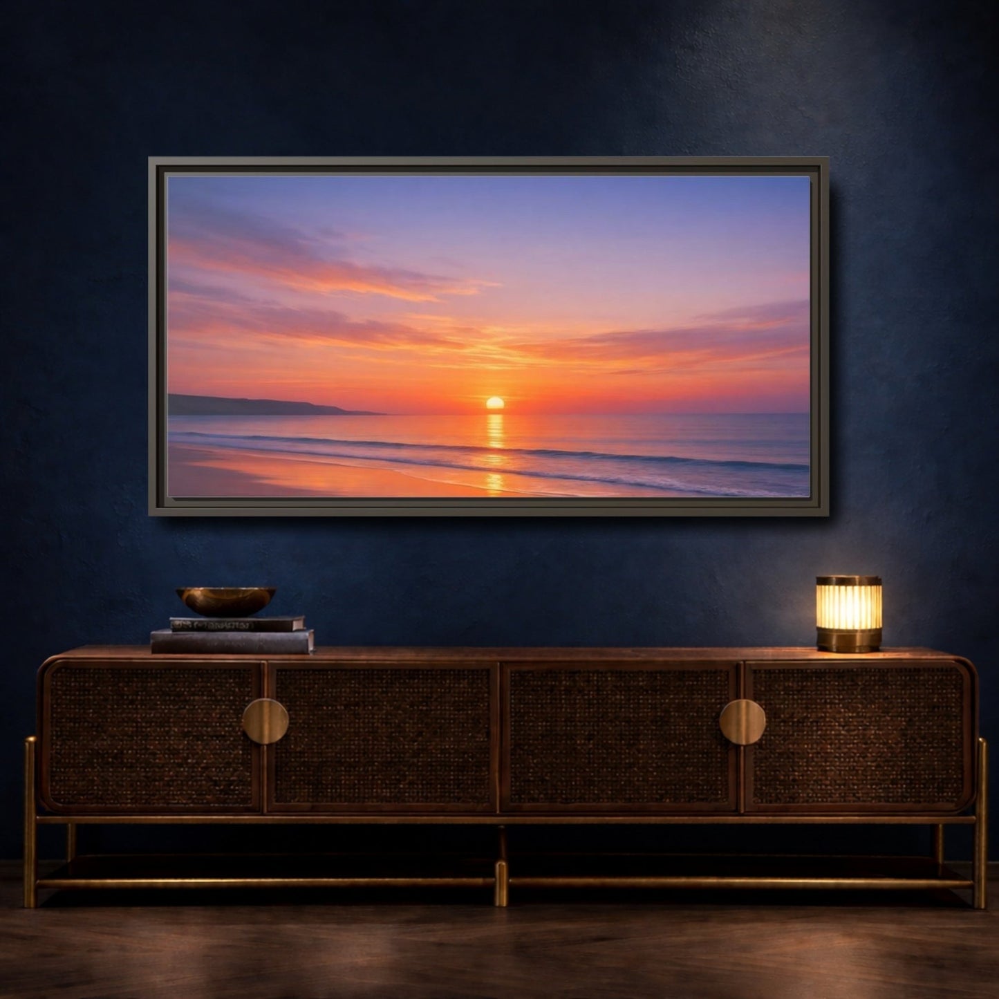 Landscape Nature Beach Sunset Orange Blue - Framed Canvas Wall Art Print - YesArtYes