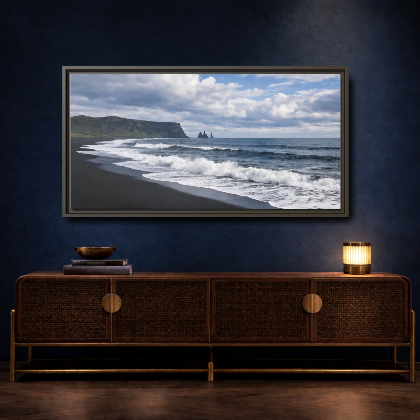 Landscape Nature Black Beach - Framed Canvas Wall Art Print - YesArtYes