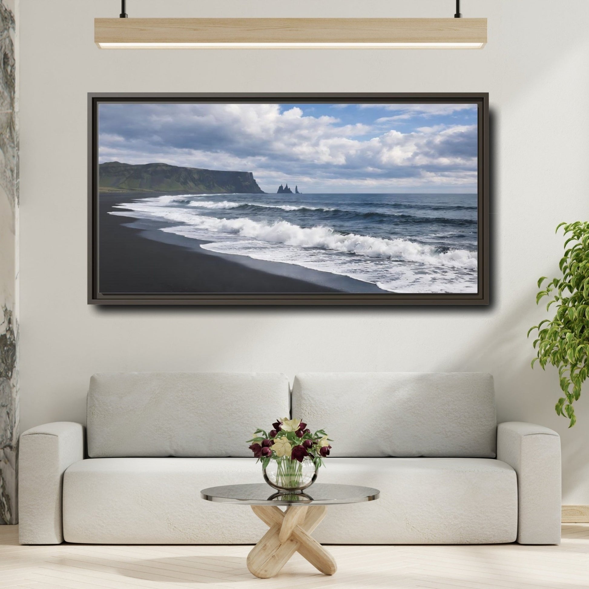 Landscape Nature Black Beach - Framed Canvas Wall Art Print - YesArtYes