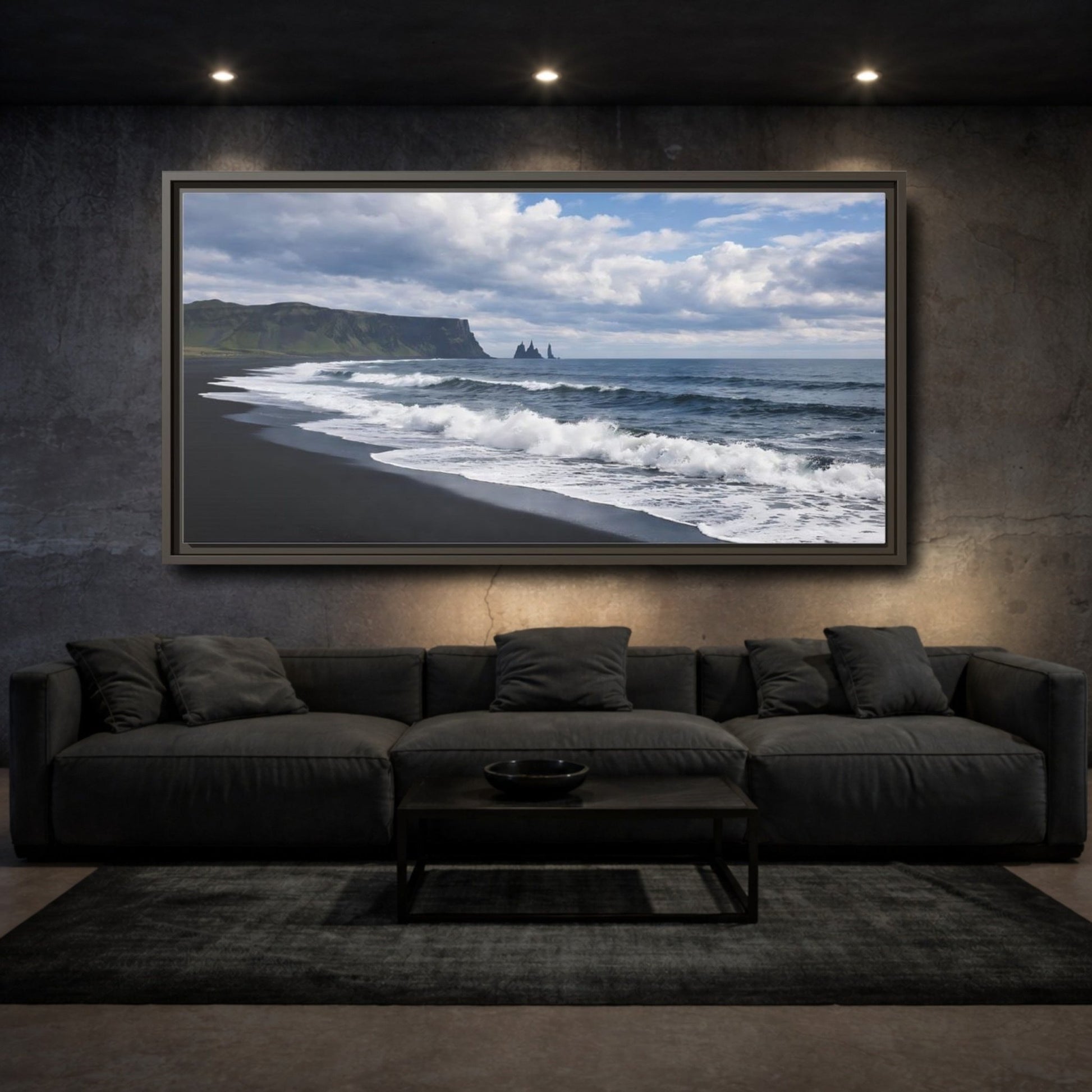 Landscape Nature Black Beach - Framed Canvas Wall Art Print - YesArtYes