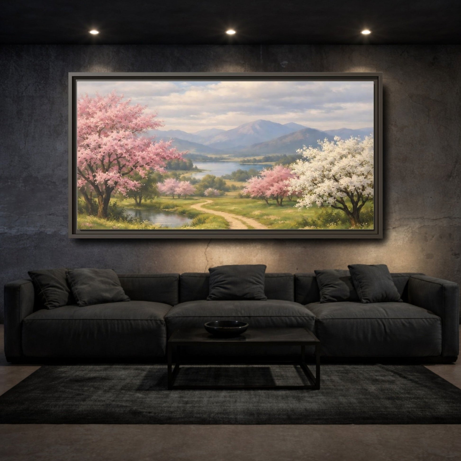 Landscape Nature Blossom Trees Pink - Framed Canvas Wall Art Print - YesArtYes