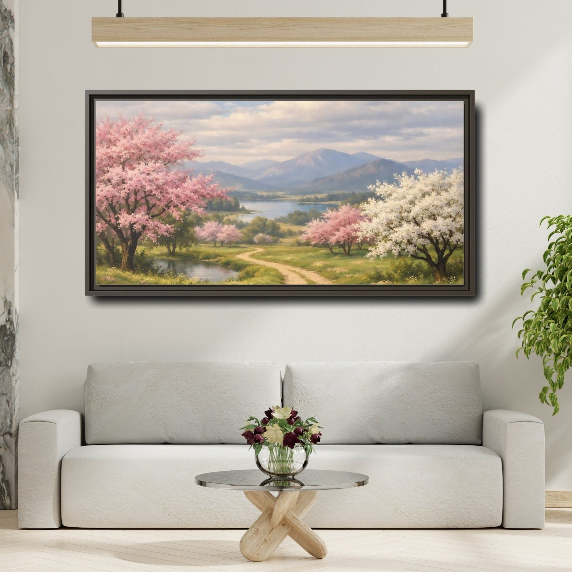 Landscape Nature Blossom Trees Pink - Framed Canvas Wall Art Print - YesArtYes