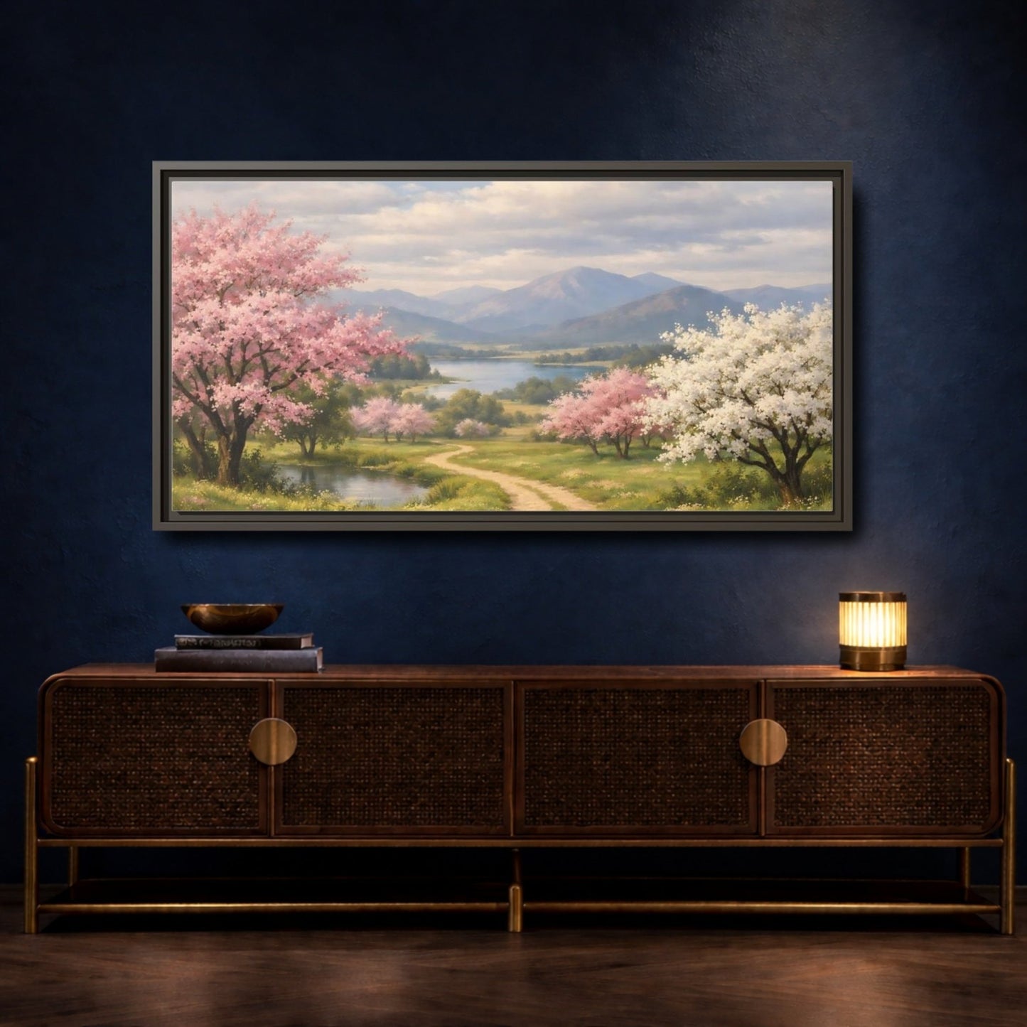 Landscape Nature Blossom Trees Pink - Framed Canvas Wall Art Print - YesArtYes