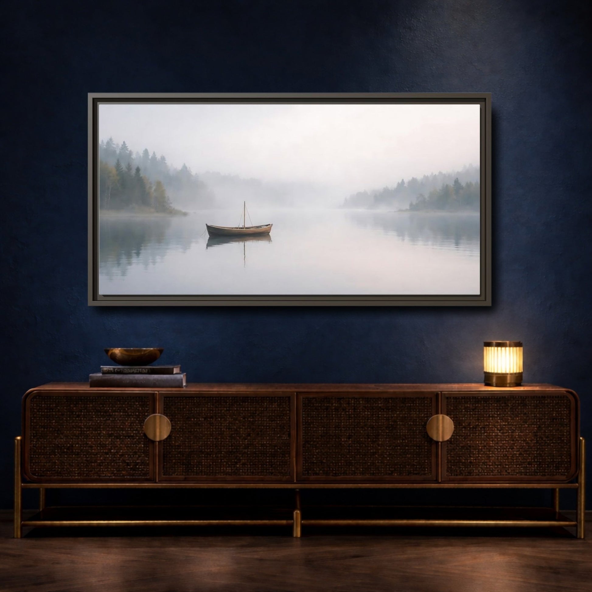 Landscape Nature Boat Misty - Framed Canvas Wall Art Print - YesArtYes