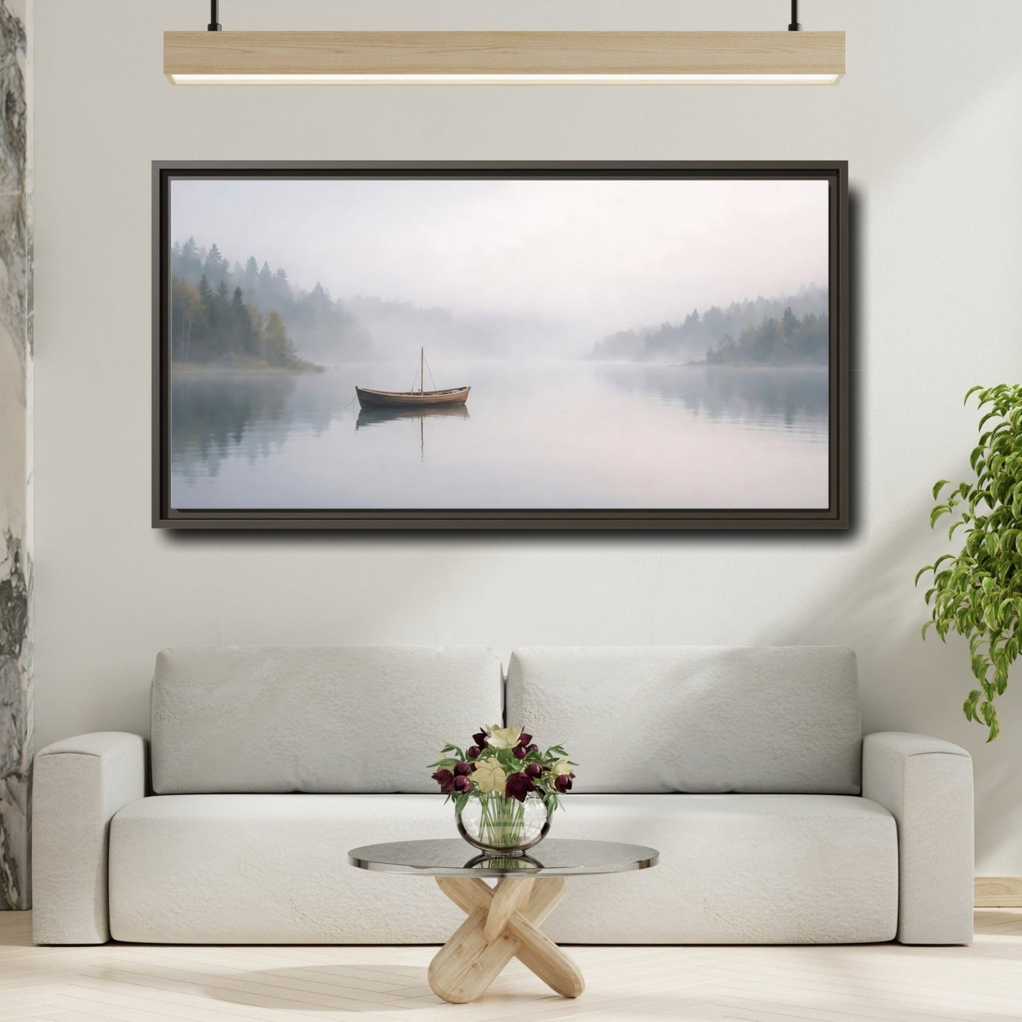 Landscape Nature Boat Misty - Framed Canvas Wall Art Print - YesArtYes