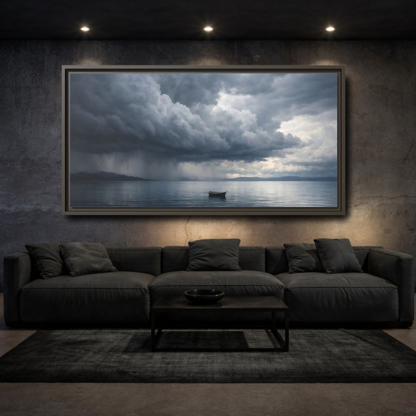 Landscape Nature Boat Stormy Lake - Framed Canvas Wall Art Print - YesArtYes