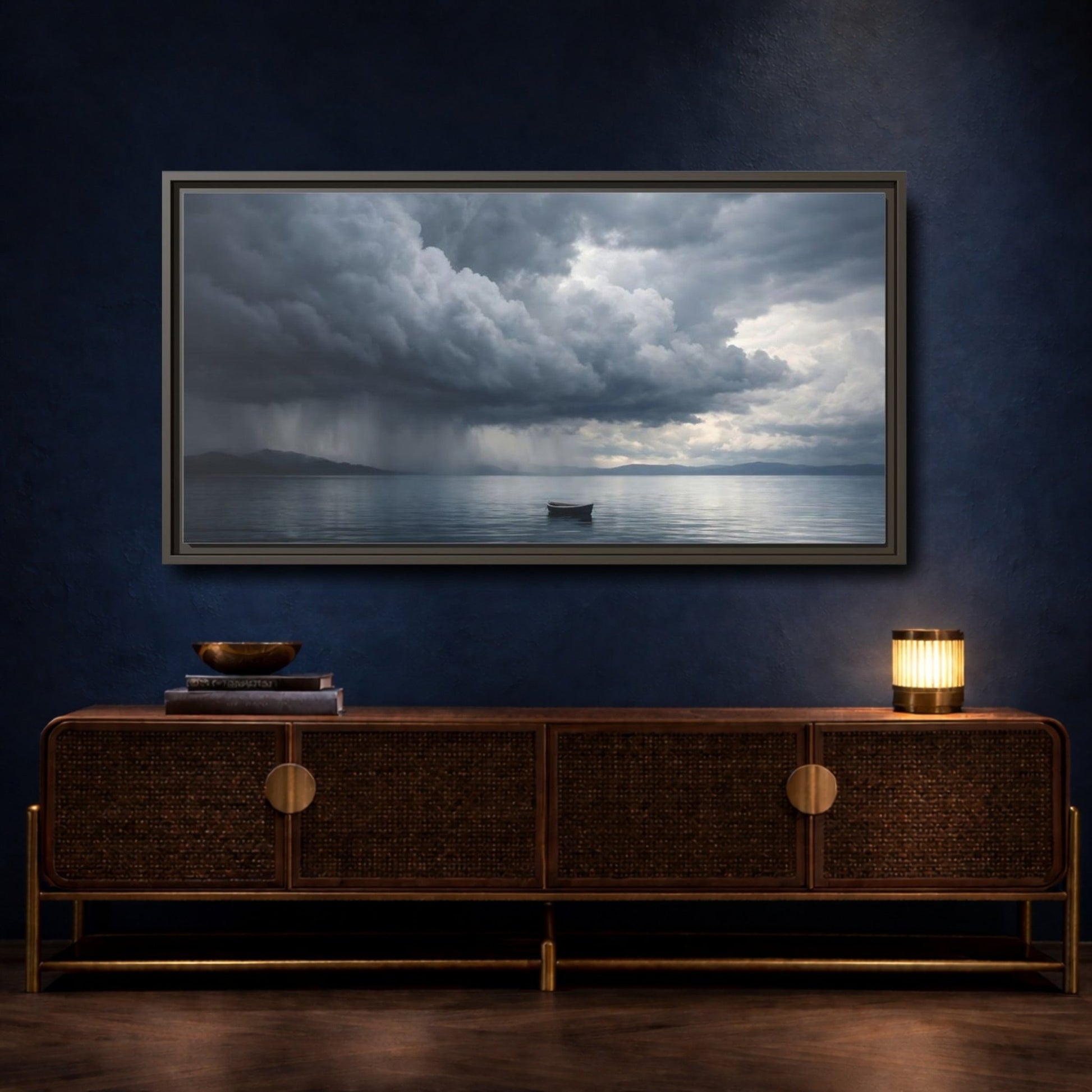 Landscape Nature Boat Stormy Lake - Framed Canvas Wall Art Print - YesArtYes