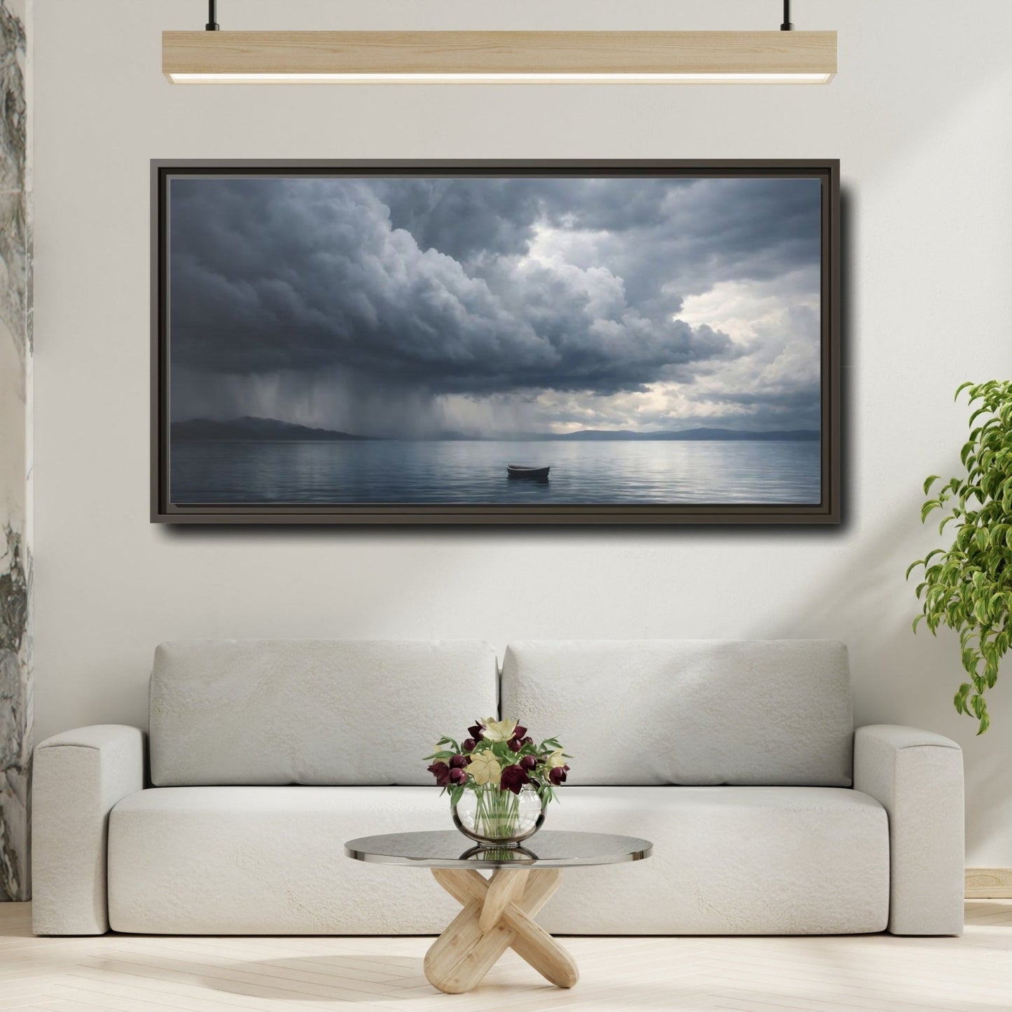 Landscape Nature Boat Stormy Lake - Framed Canvas Wall Art Print - YesArtYes