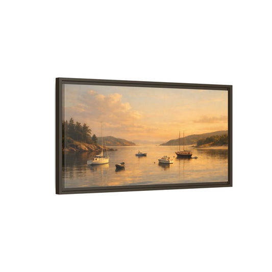 Landscape Nature Boats Coastal Sunset - Framed Canvas Wall Art Print - YesArtYes