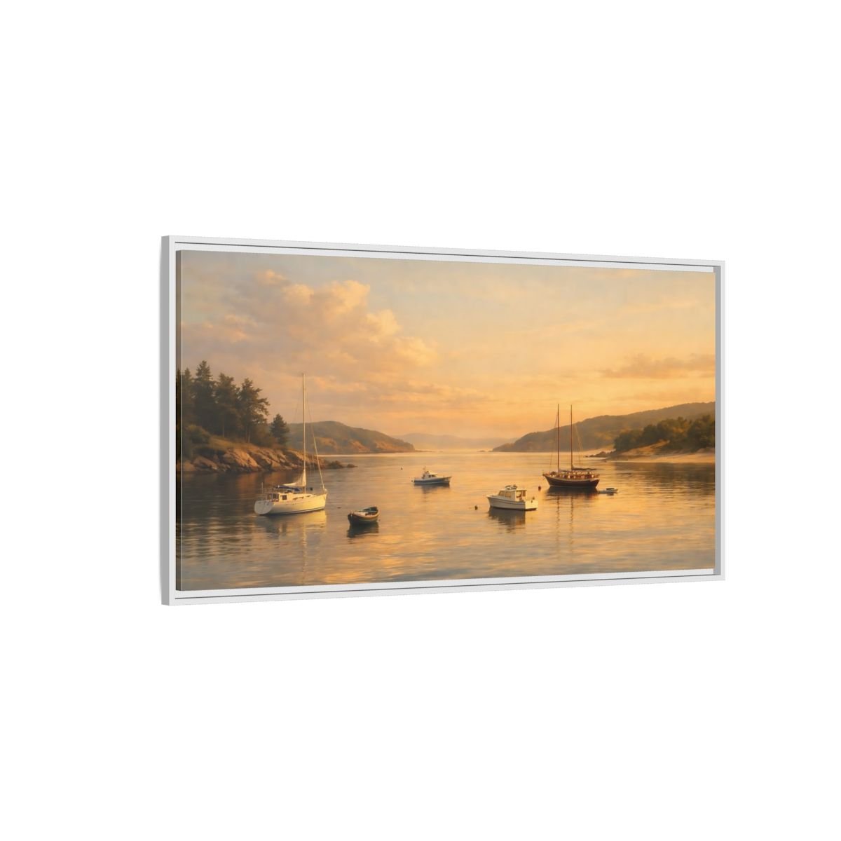 Landscape Nature Boats Coastal Sunset - Framed Canvas Wall Art Print - YesArtYes