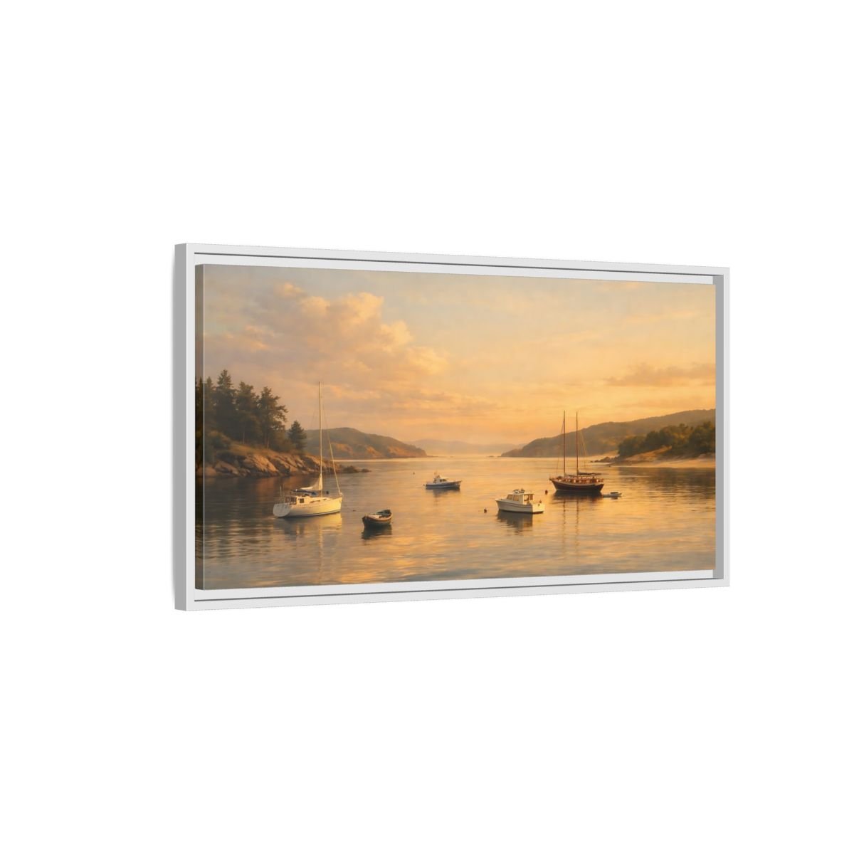 Landscape Nature Boats Coastal Sunset - Framed Canvas Wall Art Print - YesArtYes