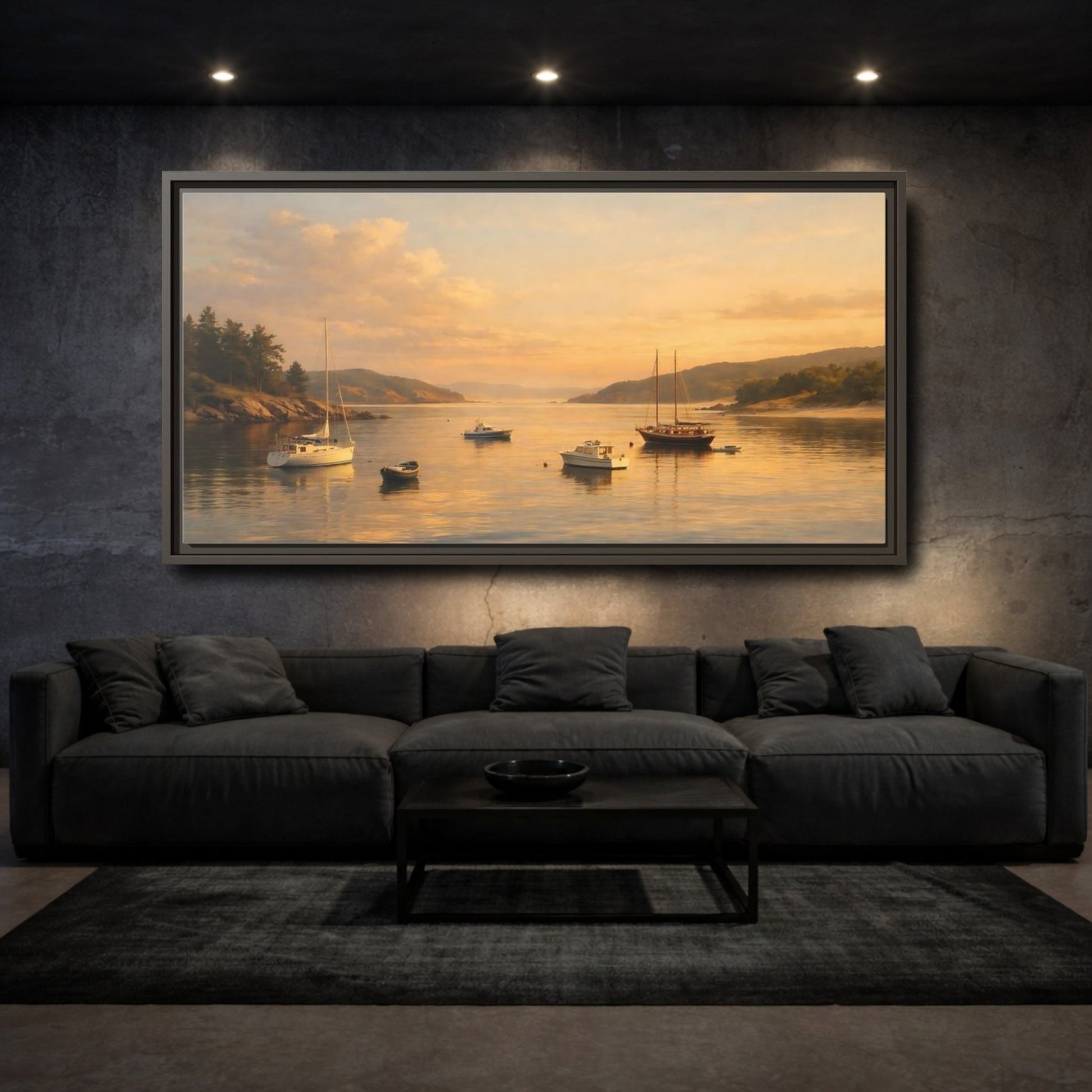 Landscape Nature Boats Coastal Sunset - Framed Canvas Wall Art Print - YesArtYes